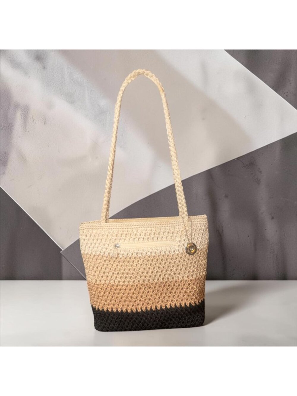The Sak Casual Classics Tote Black Beige Colorblock Crocheted Nylon Shoulder Bag